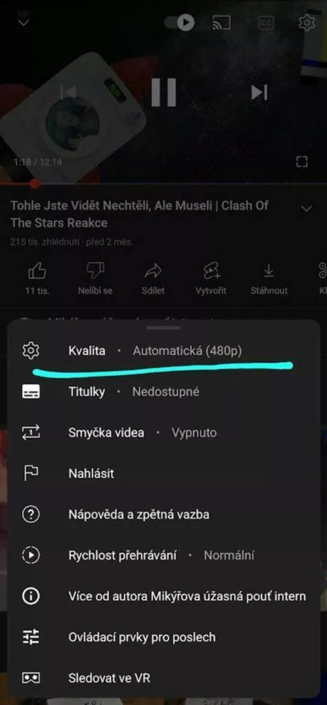 YouTube aplikace vyšší rozlišení trvale návod kvalita menu