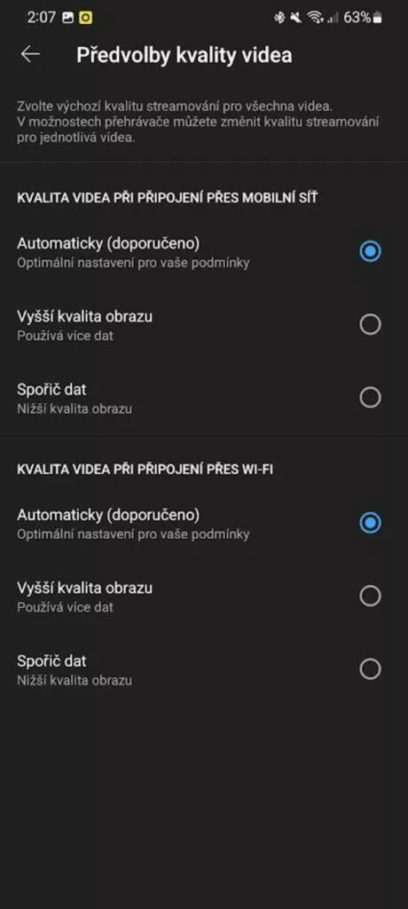 YouTube aplikace vyšší rozlišení trvale návod Předvolby kvality videa