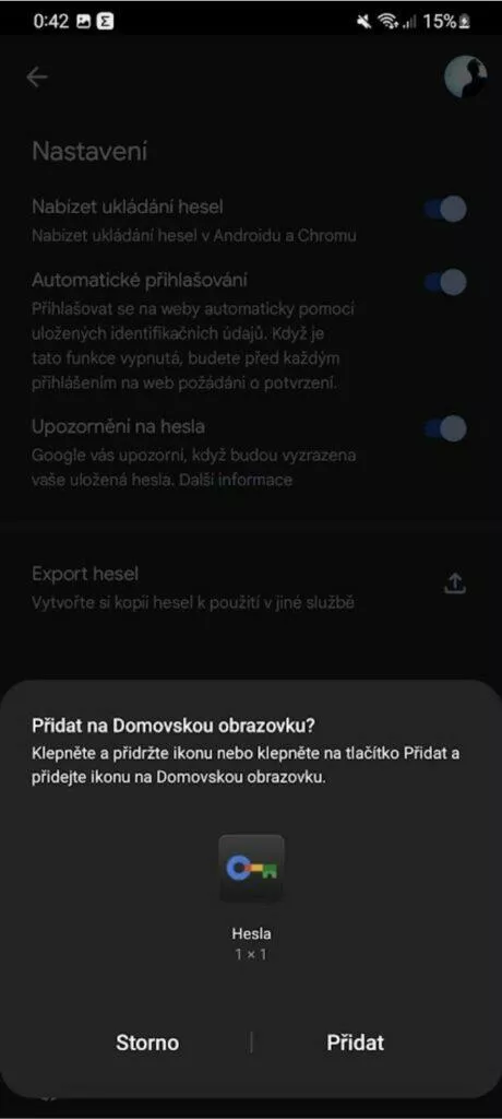 Google správce hesel Android zástupce nastavení přidání