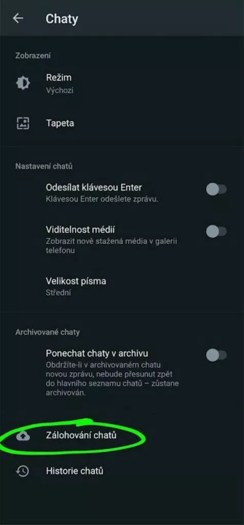 zálohování chatů menu