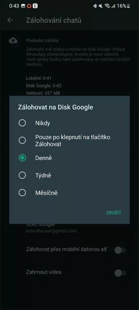 zálohování chatů menu perioda