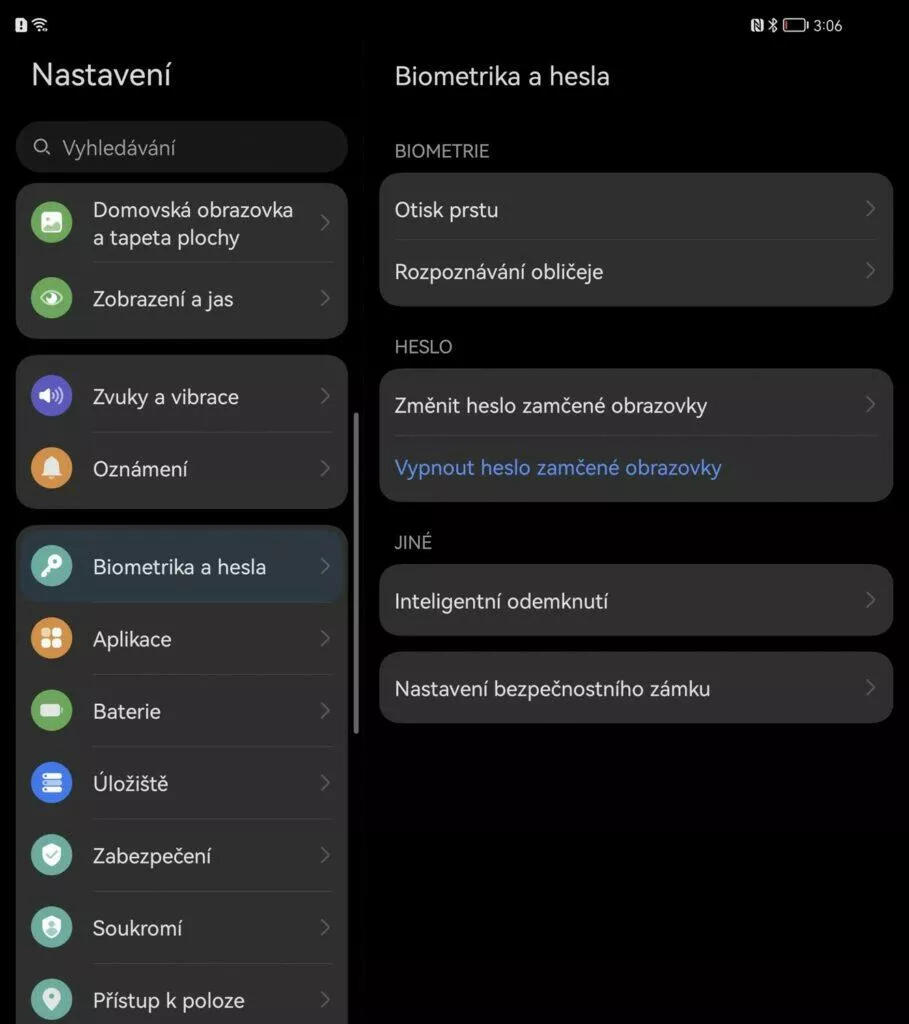 EMUI 12 menu nastavení dva sloupce