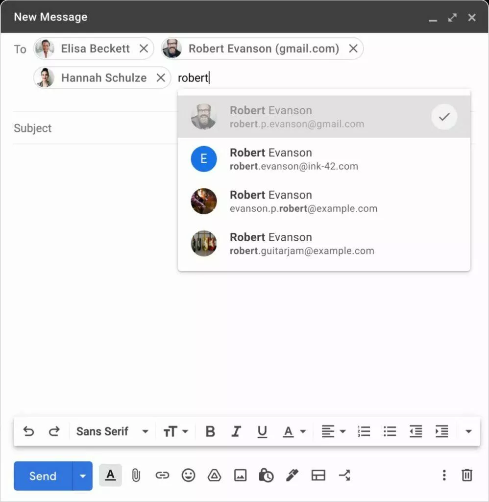 Gmail přidávání příjemců novinky rozbalovací nabídka