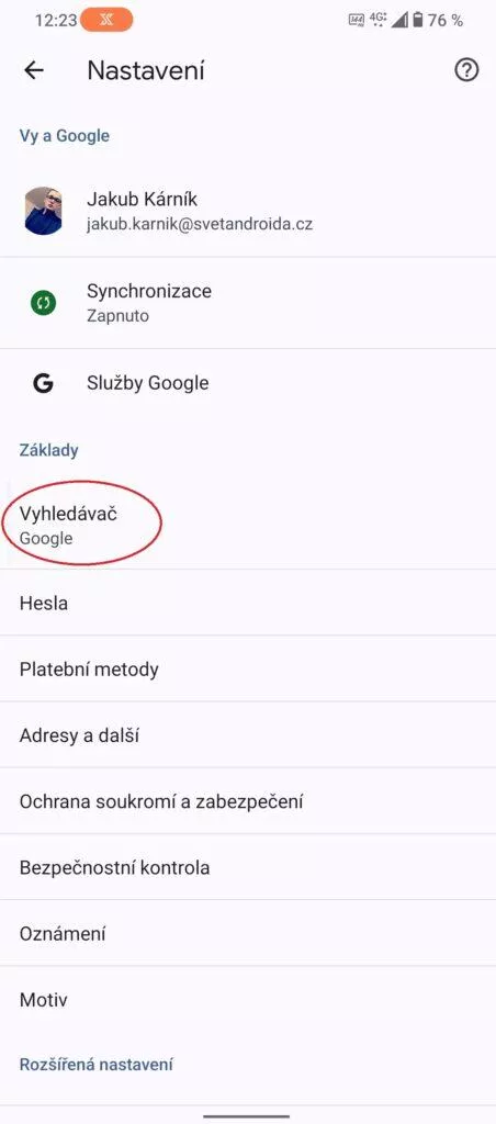 změna vyhledávání google chrome