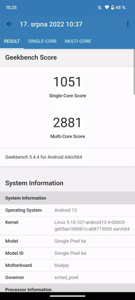google pixel 6a geekbench 5.0