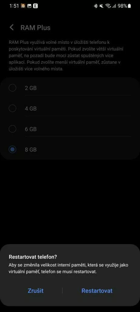jak zrychlit samsung mobil telefon virtualni ram plus 5 restart