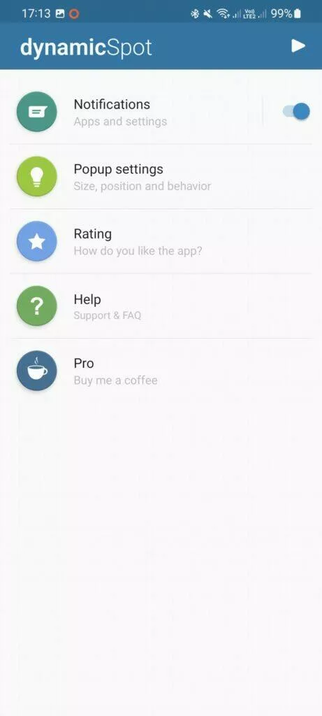 Dynamic Island dynamicSpot Android aplikace 4 hlavní nabídka