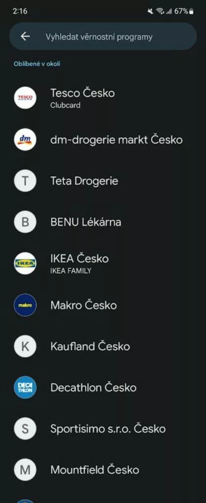 Peněženka Google věrnostní karty základní nabídka 1