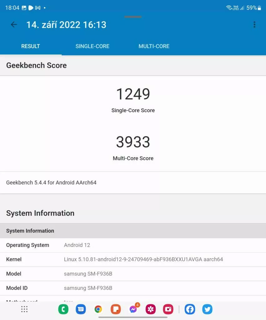samsung galaxy z fold4 výsledek benchmark