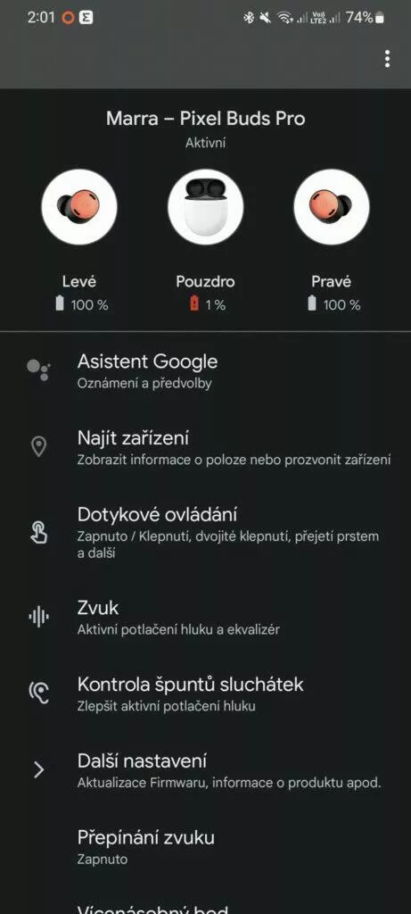 Google Pixel Buds Pro aplikace 1 hlavní karta