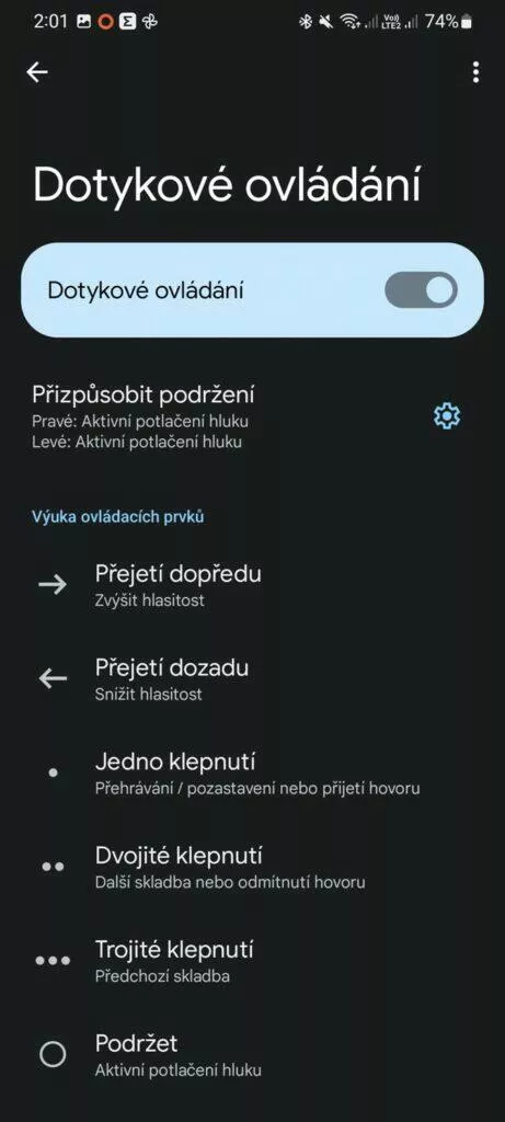Google Pixel Buds Pro aplikace 2 dotykové ovládání