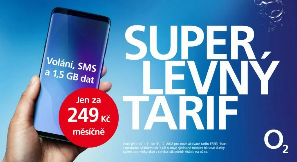 O2 levný tarif FREE+ Start 1,5 GB 249 Kč
