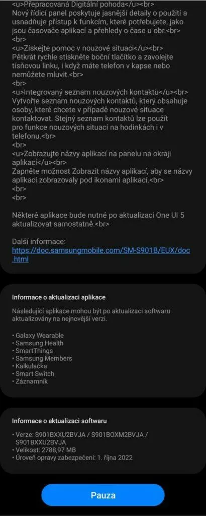 Samsung Galaxy S22 One UI 5.0 Android 13 update aktualizace changelog 11