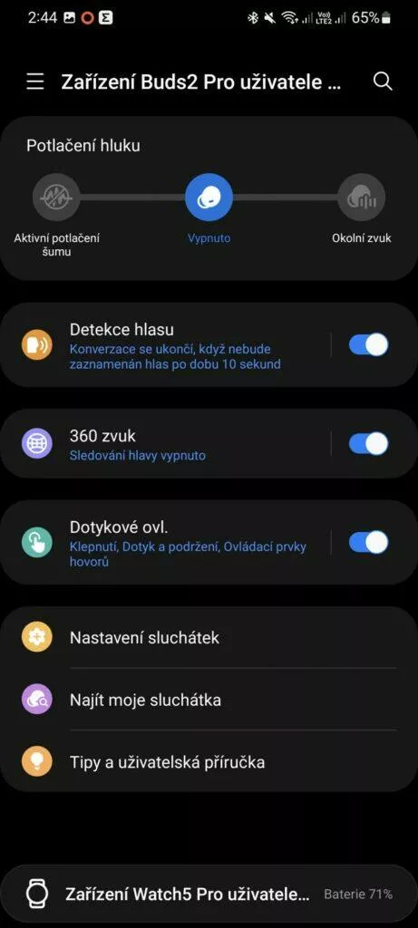 sluchátka Samsung Galaxy Buds2 Pro aplikace Galaxy Wearable 1 hlavní karta