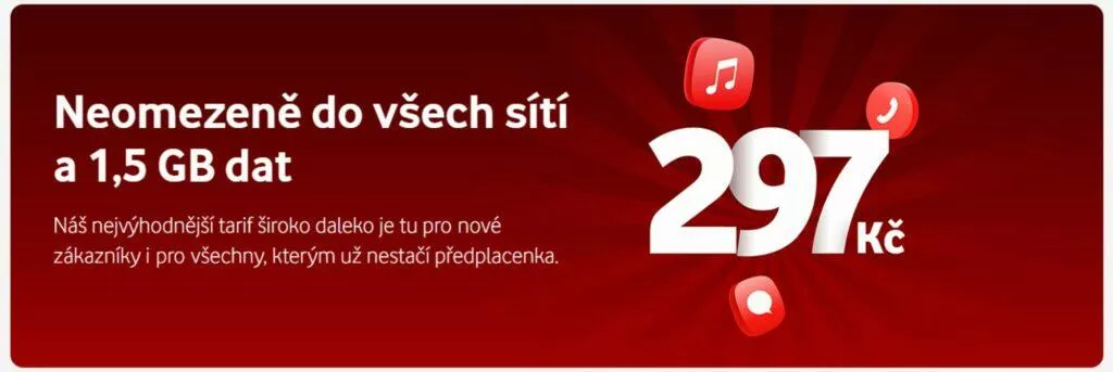 Vodafone tarif Neomezené volání a sms do všech sítí a 1,5 GB za 297 Kč banner