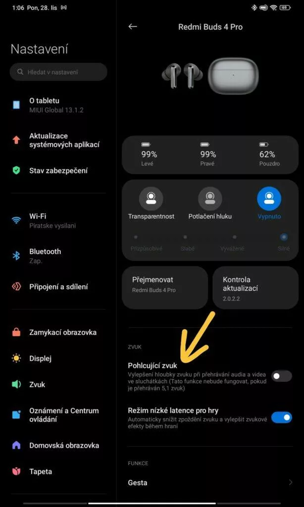 aplikace Xiaomi Earbuds MIUI herní režim