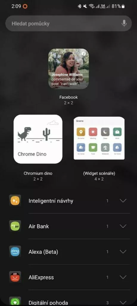 Google Chrome Dino hra Android widget nabídka
