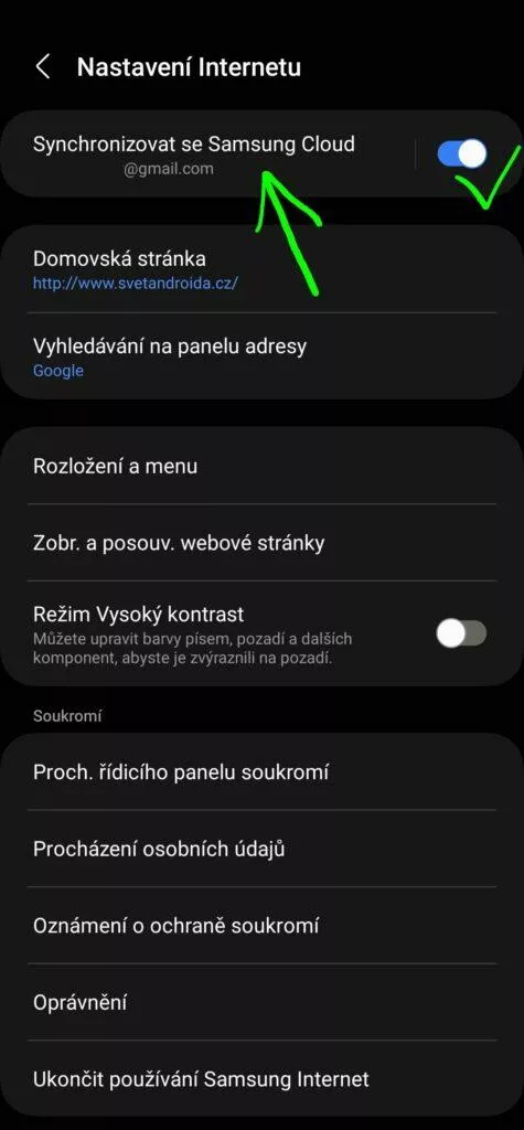 Google Chrome Samsung Internet záložky synchronizace návod 3 synchronizovat