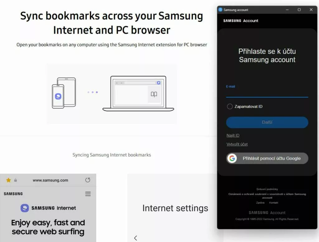 Google Chrome Samsung Internet záložky synchronizace návod přihlášení