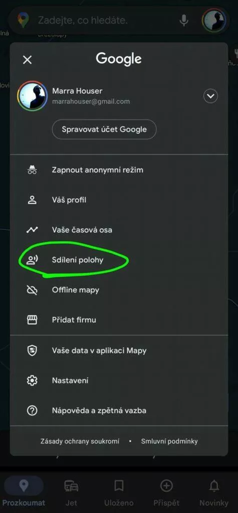 Mapy Google sdílení polohy oznámení zapnutí sdílení 2 menu