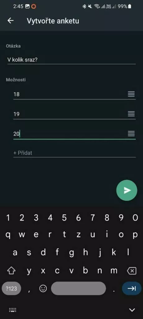 WhatsApp ankety otázka možnosti