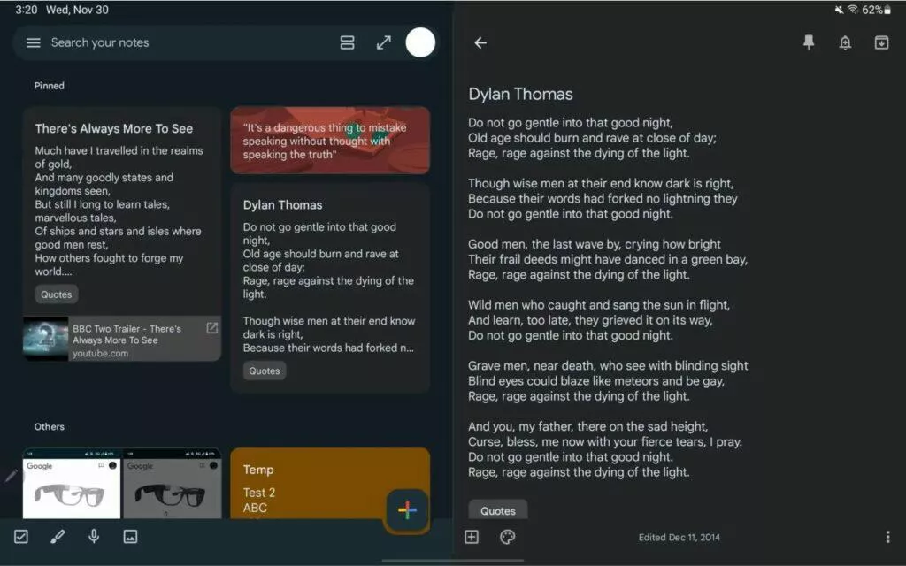 Google Keep tablety vzhled redesign dva sloupce poznámka