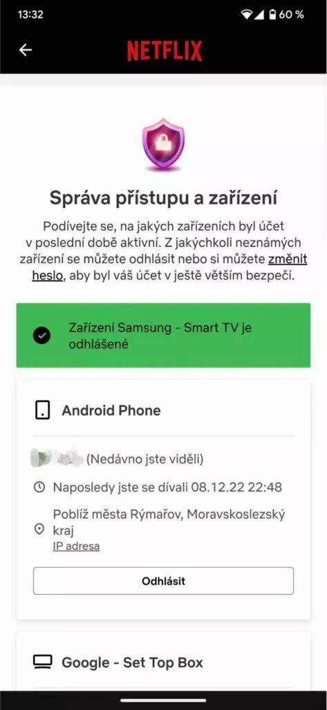 Netflix Premium správa zařízení odpojení odhlášení aplikace Odhlásit