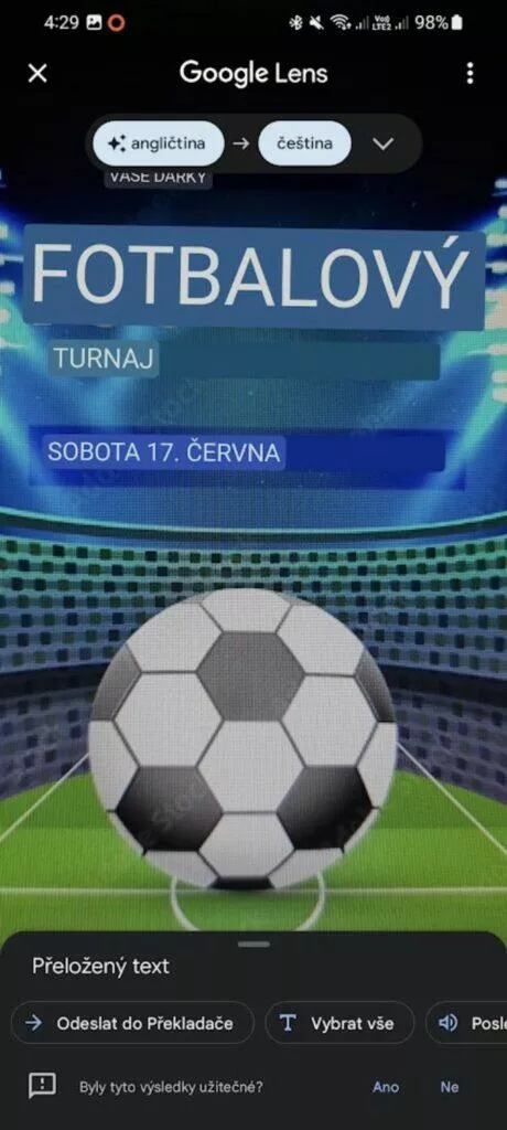 Překladač Google Lens fotoaparát živý překlad fotbal