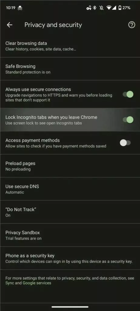 Android Google Chrome anonymní karty zámek nastavení