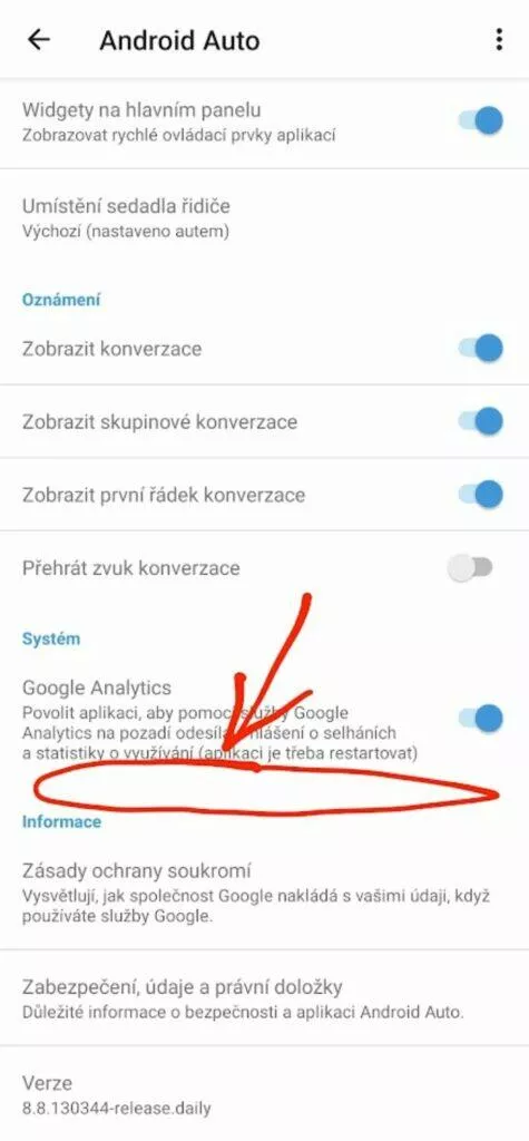 bezdrátové Android Auto přepínání vypnutí zapnutí tlačítko nastavení