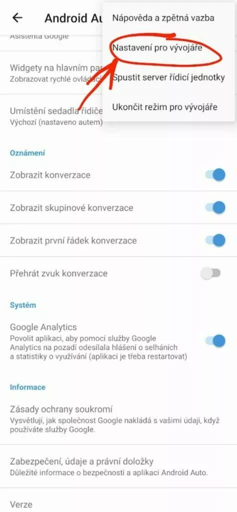 bezdrátové Android Auto přepínání vypnutí zapnutí tlačítko nastavení pro vývojáře