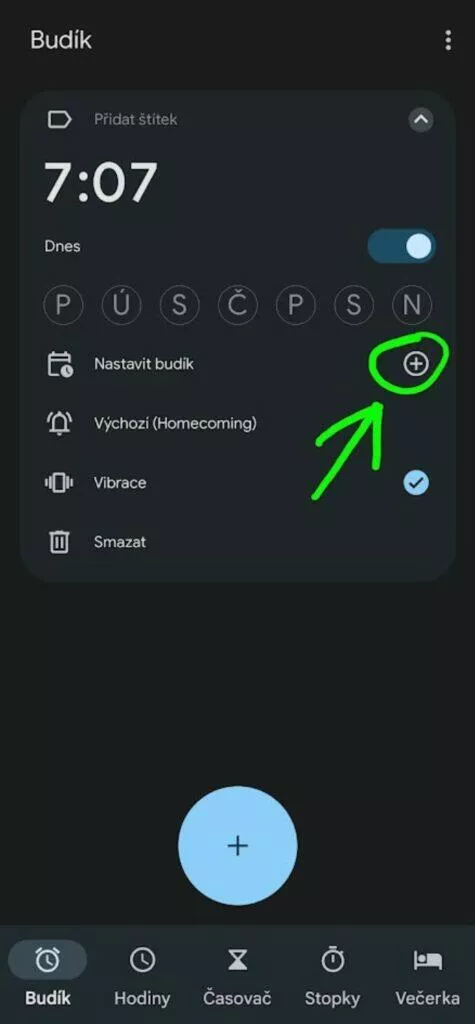 Google aplikace Hodiny 7.4 budík konkrétní datum nastavení