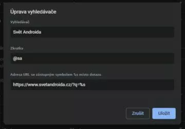 Google Chrome zkratky vyhledávání vlastní SA Svět Androida ukázka nastavení