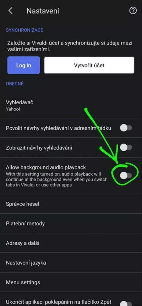 Vivaldi 5.7 Android audio přehrávání na pozadí YouTube přepínač