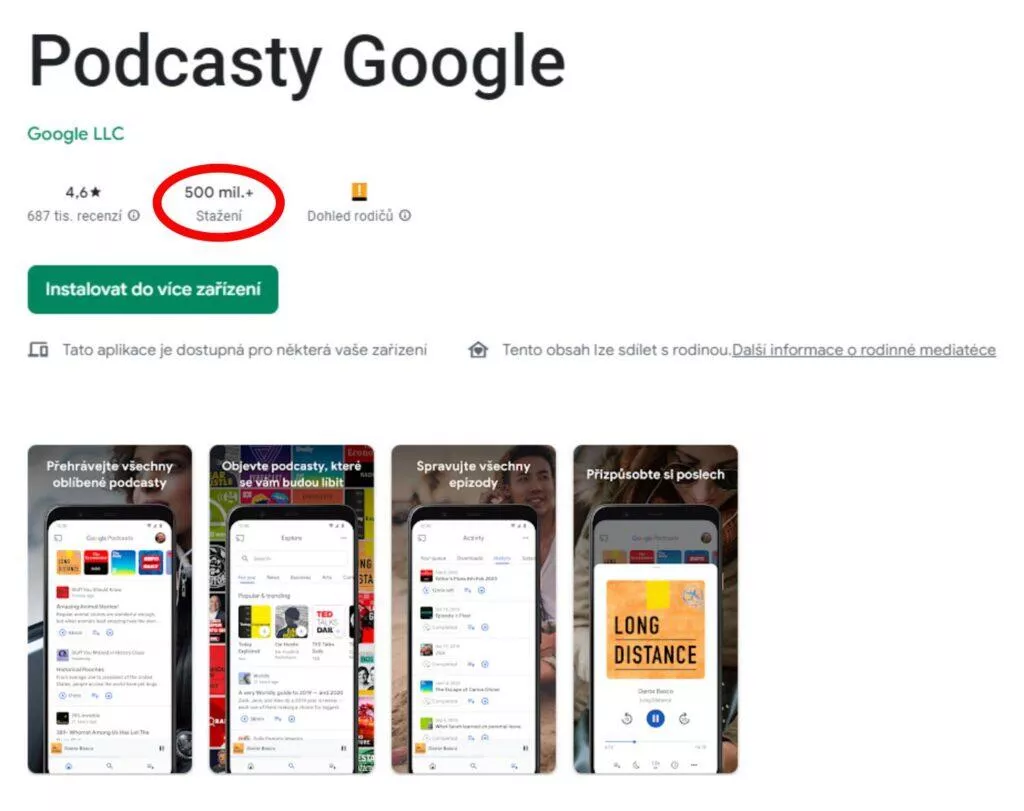aplikace Podcasty Google 500 milionů stažení Google Play screen