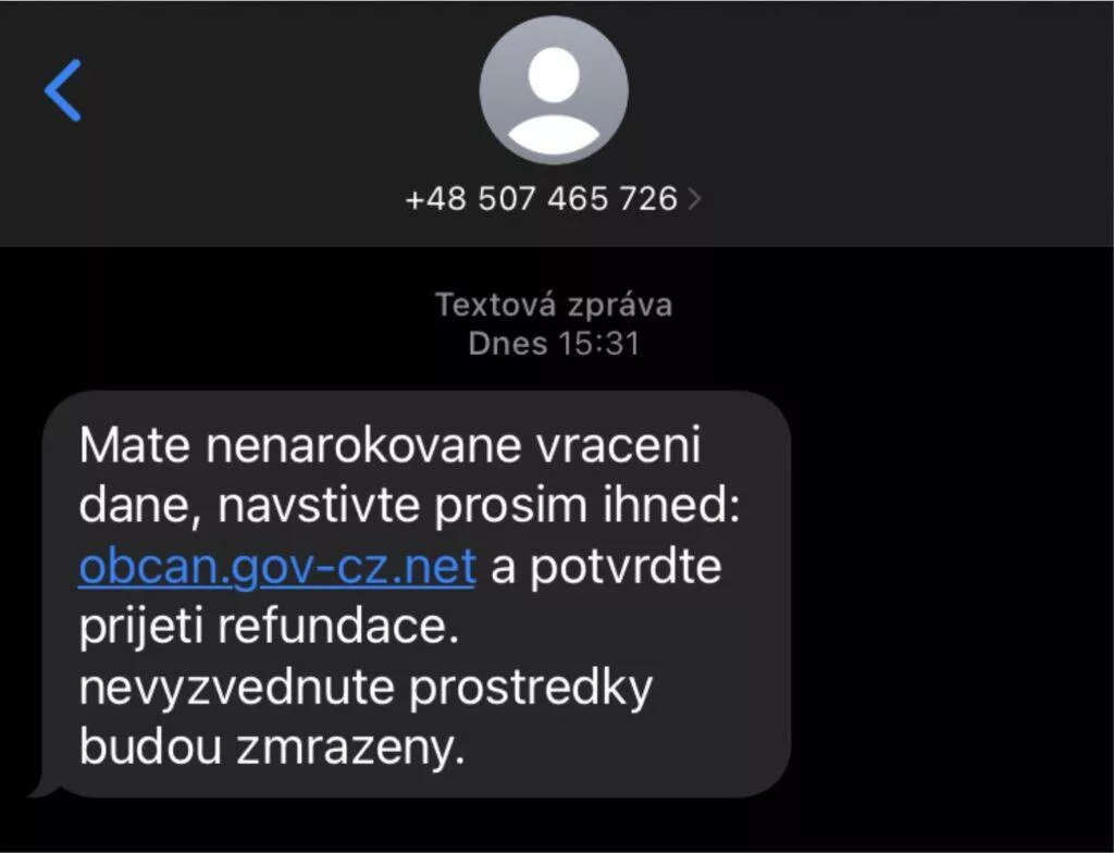 eGov podvod Portál občana SMS e-maily ukázka refundace