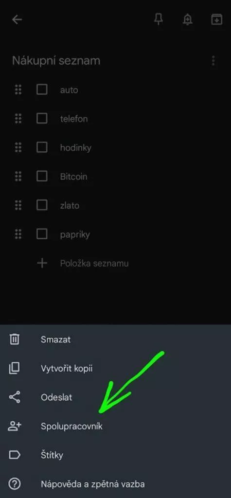 Google Keep poznámky sdílení Spolupracovník návod 2 spolupracovník