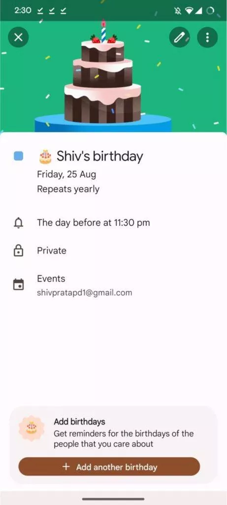 Kalendář Google upozornění narozeniny detail