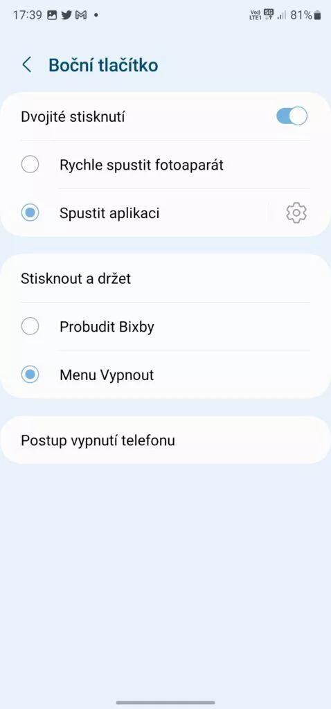 nastavení bočního tlačítka samsung