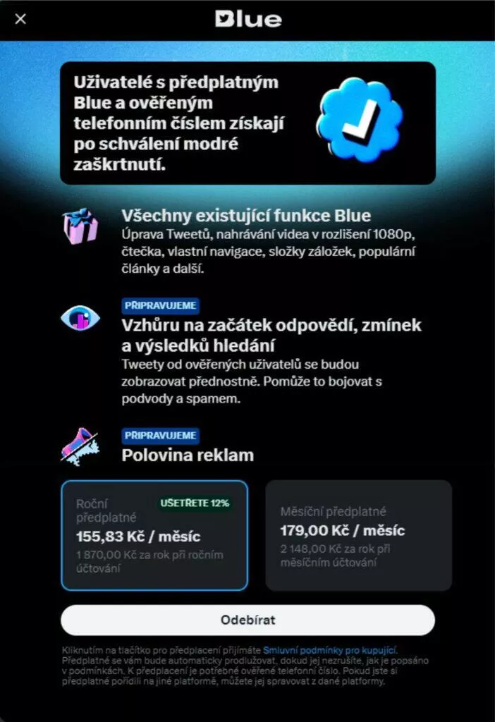 twitter blue cr ceny vyhody prehled predplatne