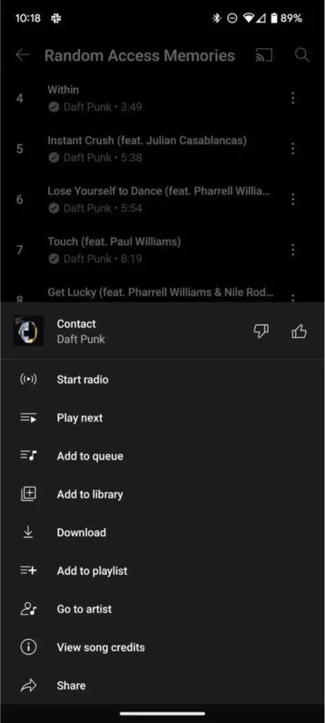 YouTube Music credits autoři menu