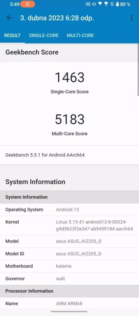 geekbench 5 snapdragon 8 gen2 rog phone 7 ultimate