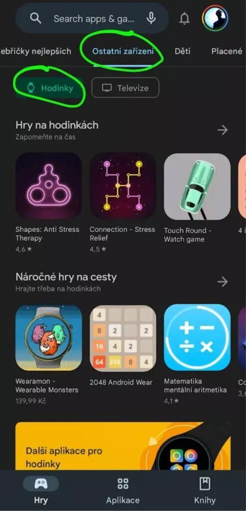 Wear OS hodinky Google Play aplikace hry nová nabídka Ostatní zařízení