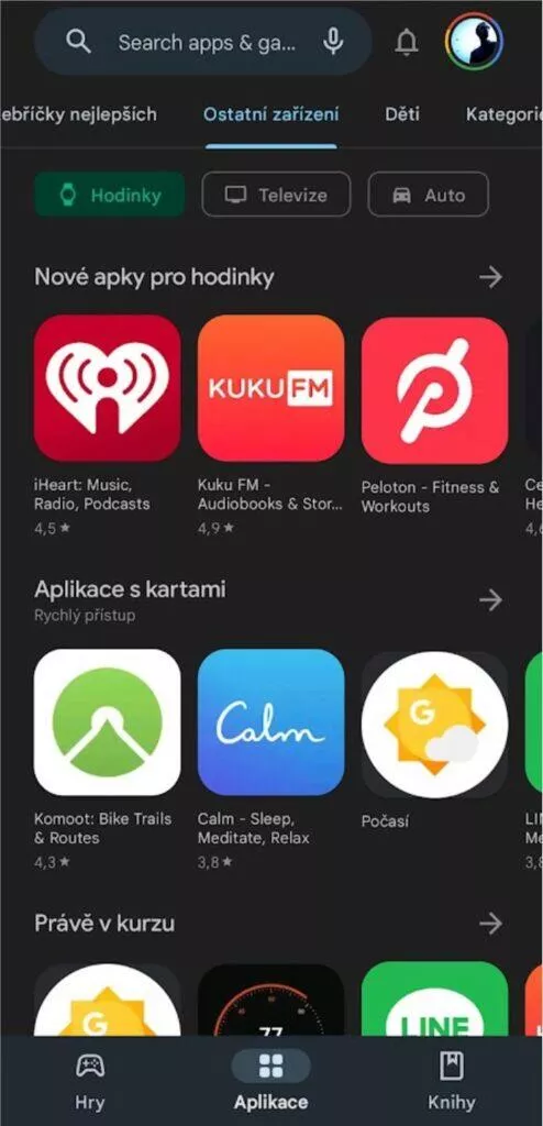 Wear OS hodinky Google Play aplikace hry nová nabídka Ostatní zařízení aplikace