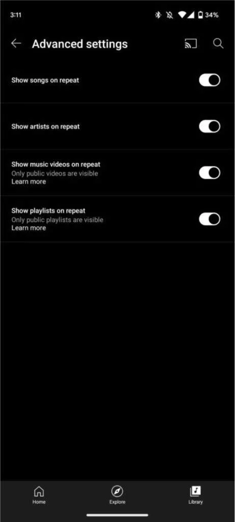 YouTube Music veřejné statistiky možnosti