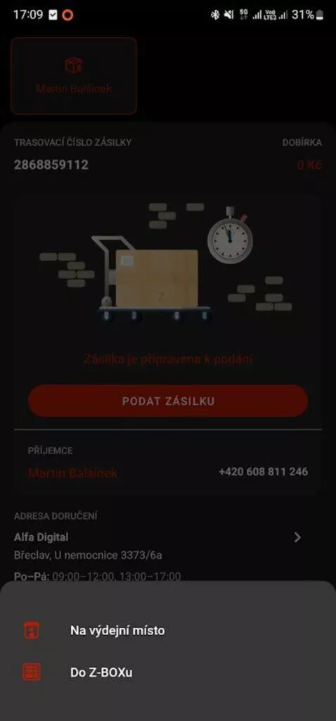 Z-BOX podání Zásilkovna Android aplikace 1 podat zásilku