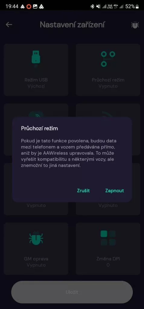 AAWireless bezdrátové Android Auto minirecenze aplikace 8 průchozí režim