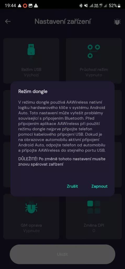 AAWireless bezdrátové Android Auto minirecenze aplikace 9 režim dongle