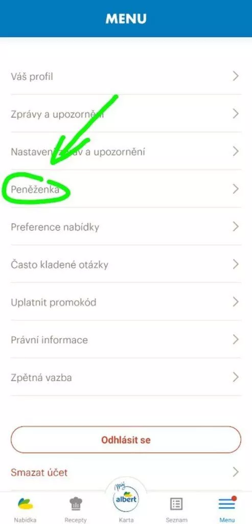 digitální účtenky aplikace návod Albert menu