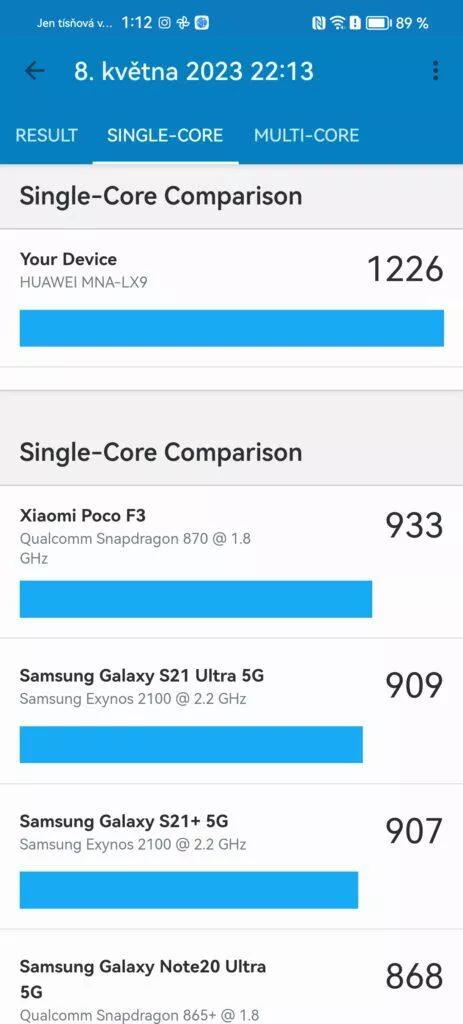 Geekbench Huawei P60 Pro jedno jádro